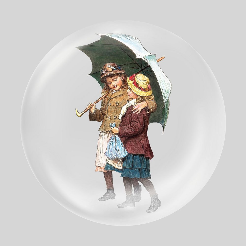 Girls with umbrella in bubble. Remixed by rawpixel.