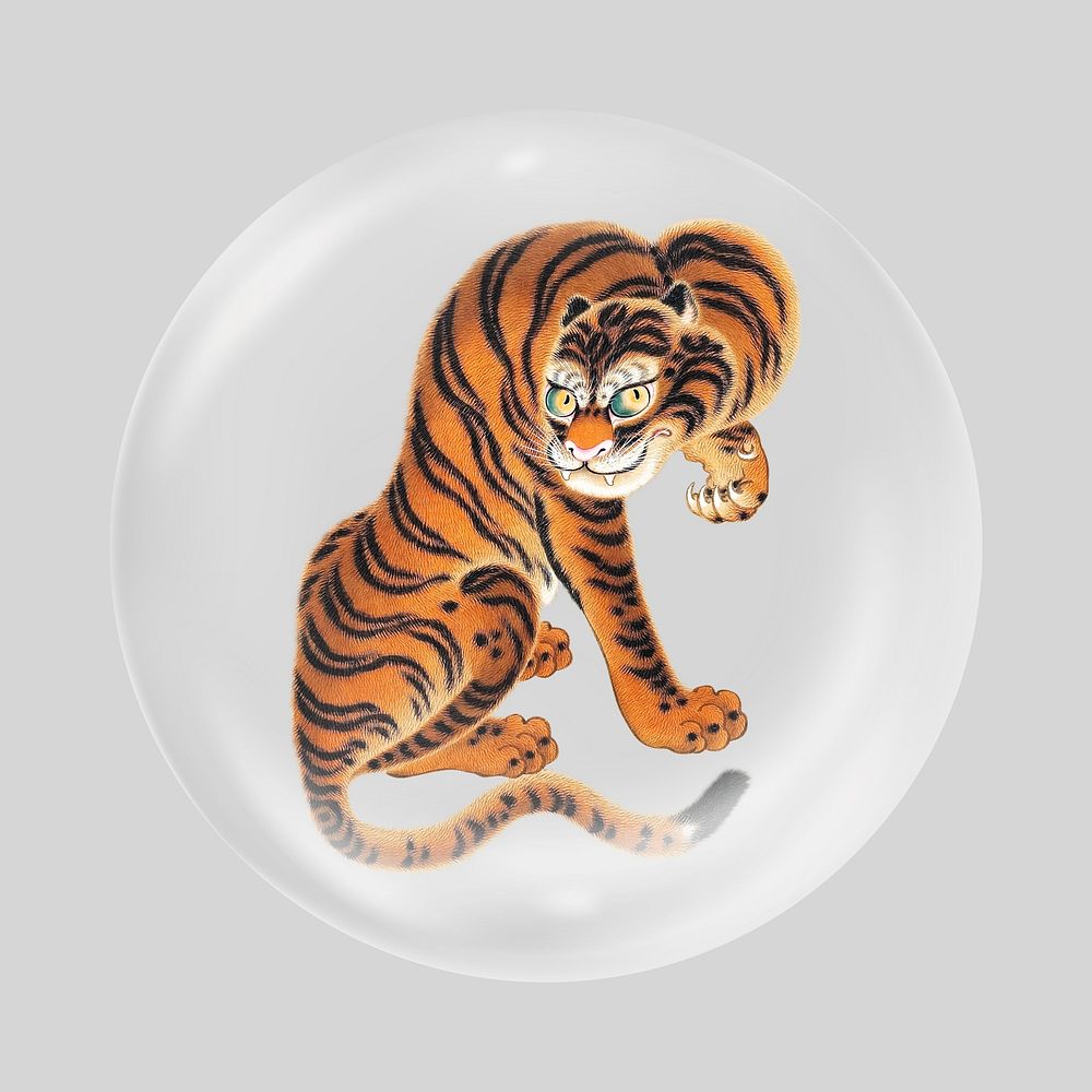 Tiger cleaning its paw in bubble. Remixed by rawpixel.