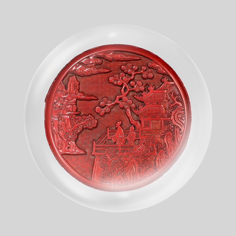 Circular box, carved red lacquer in bubble. Remixed by rawpixel.