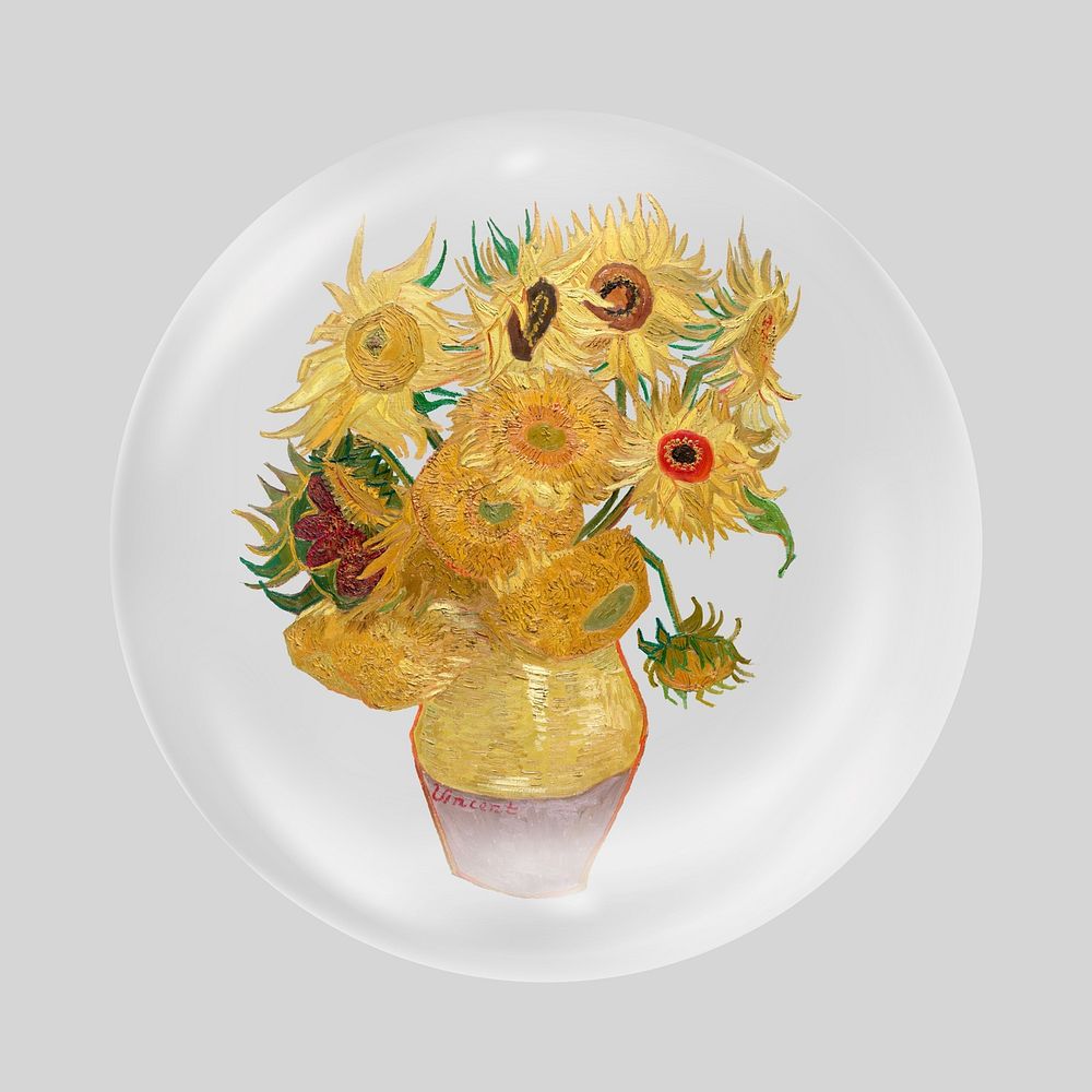 Van Gogh-inspired vase with twelve sunflowers in bubble. Remixed by rawpixel.