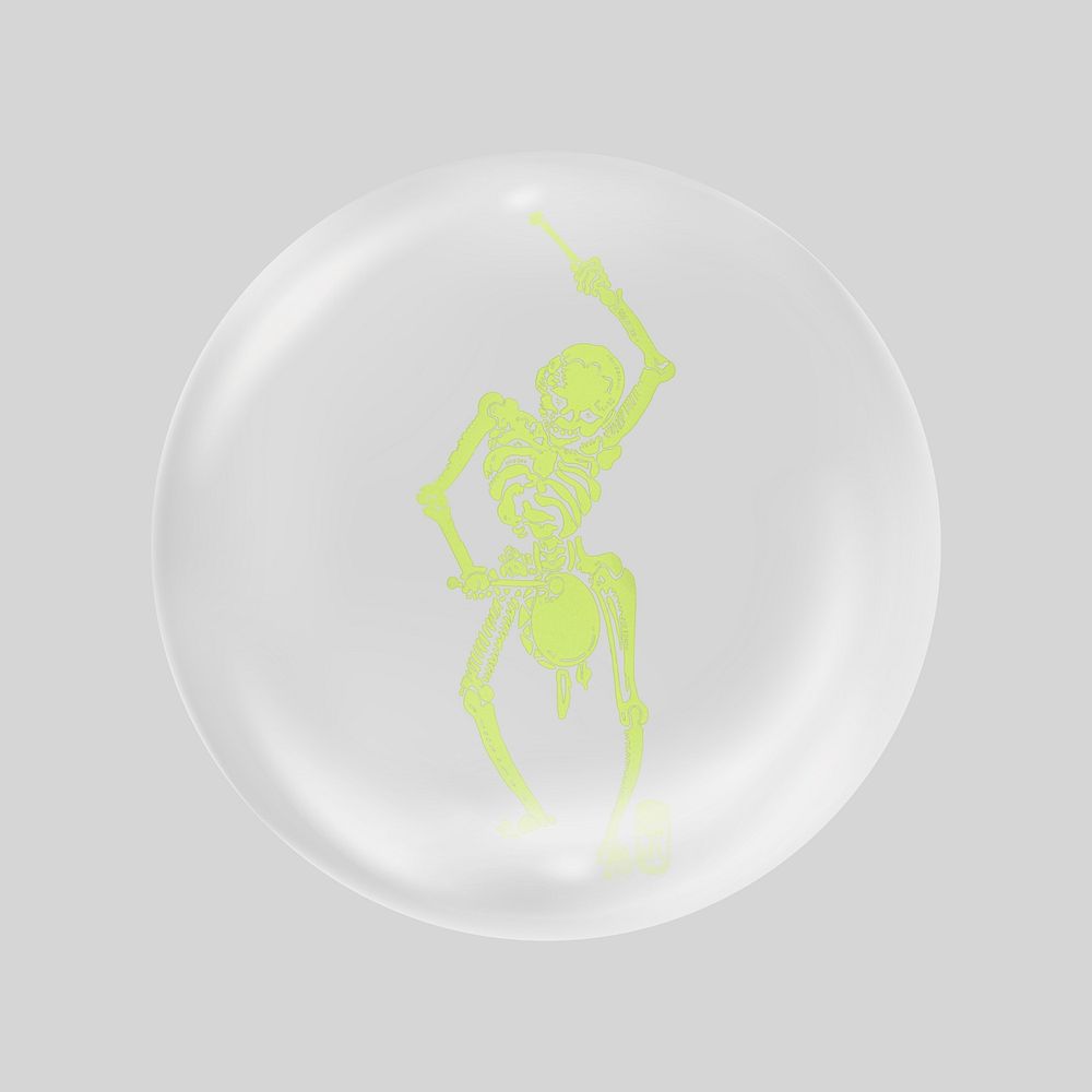 Neon green skeleton playing drum in bubble. Remixed by rawpixel.