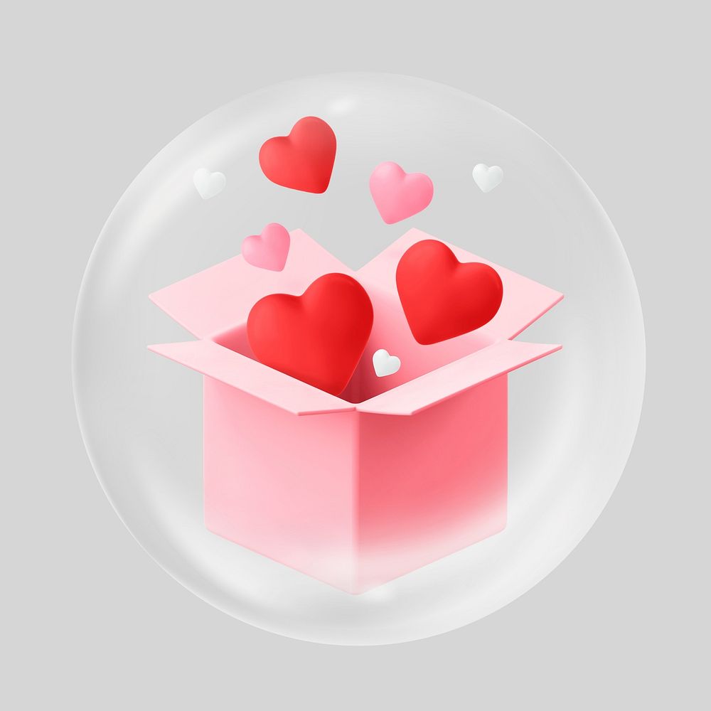 Valentine's gift box in bubble, 3D celebration illustration
