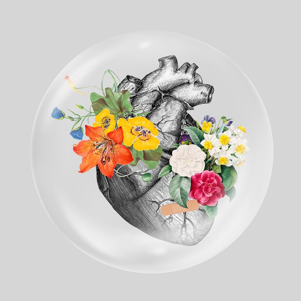 Human heart, colorful flower collage in bubble. Remixed by rawpixel.