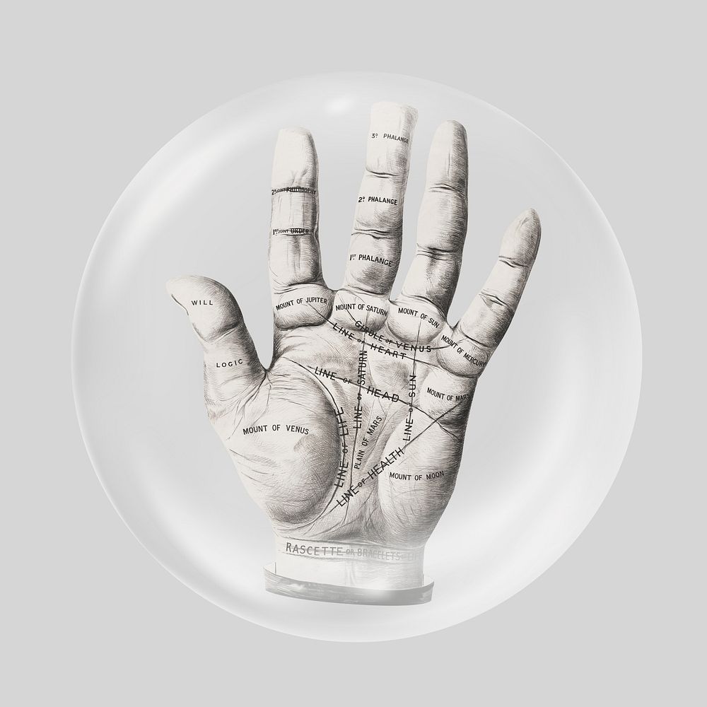 Open hand in bubble, palm reading illustration. Remixed by rawpixel.