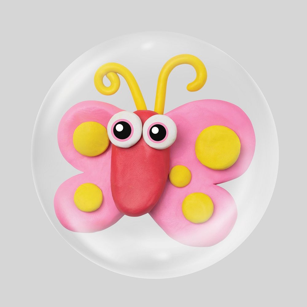 Cute butterfly in bubble, colorful animal clay character