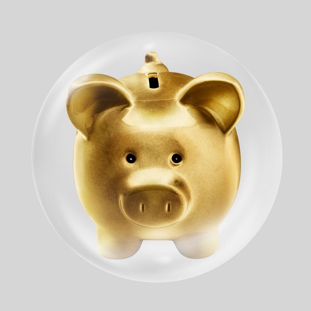 Gold piggy bank in bubble, saving money concept