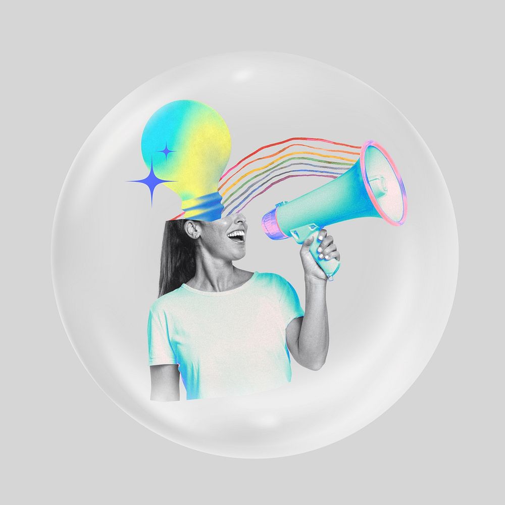 Woman holding megaphone in bubble, creative ideas remix
