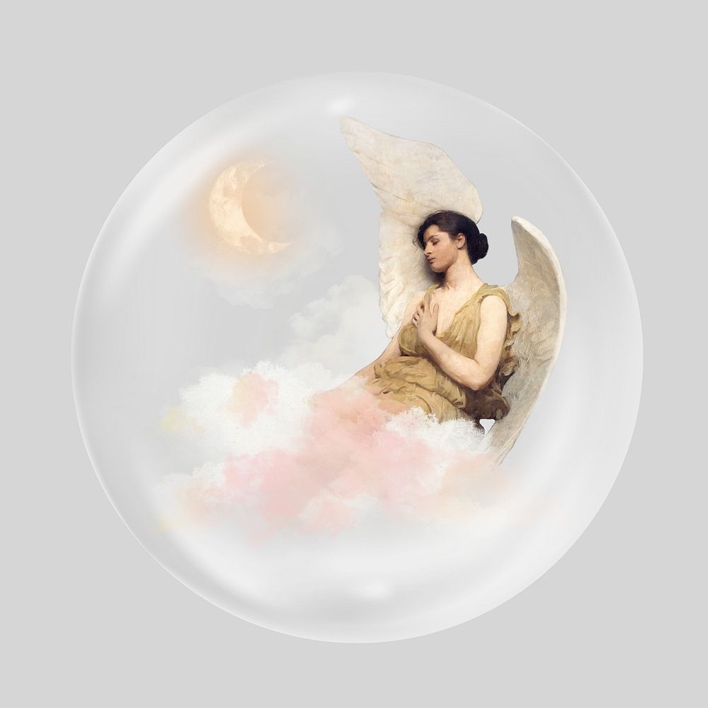 Angel & moon, Abbott Handerson Thayer aesthetic illustration in bubble. Remixed by rawpixel.
