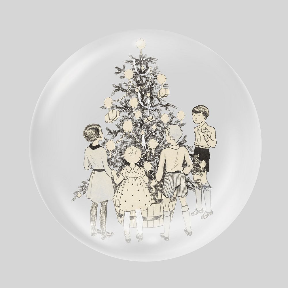 Kids gathering around Christmas tree  in bubble. Remixed by rawpixel.