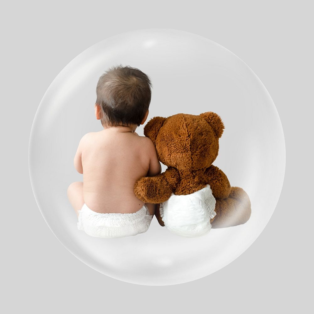 Baby and teddy in bubble