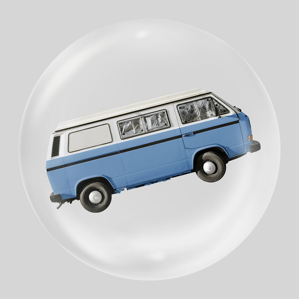 Blue van in bubble, retro car clipart
