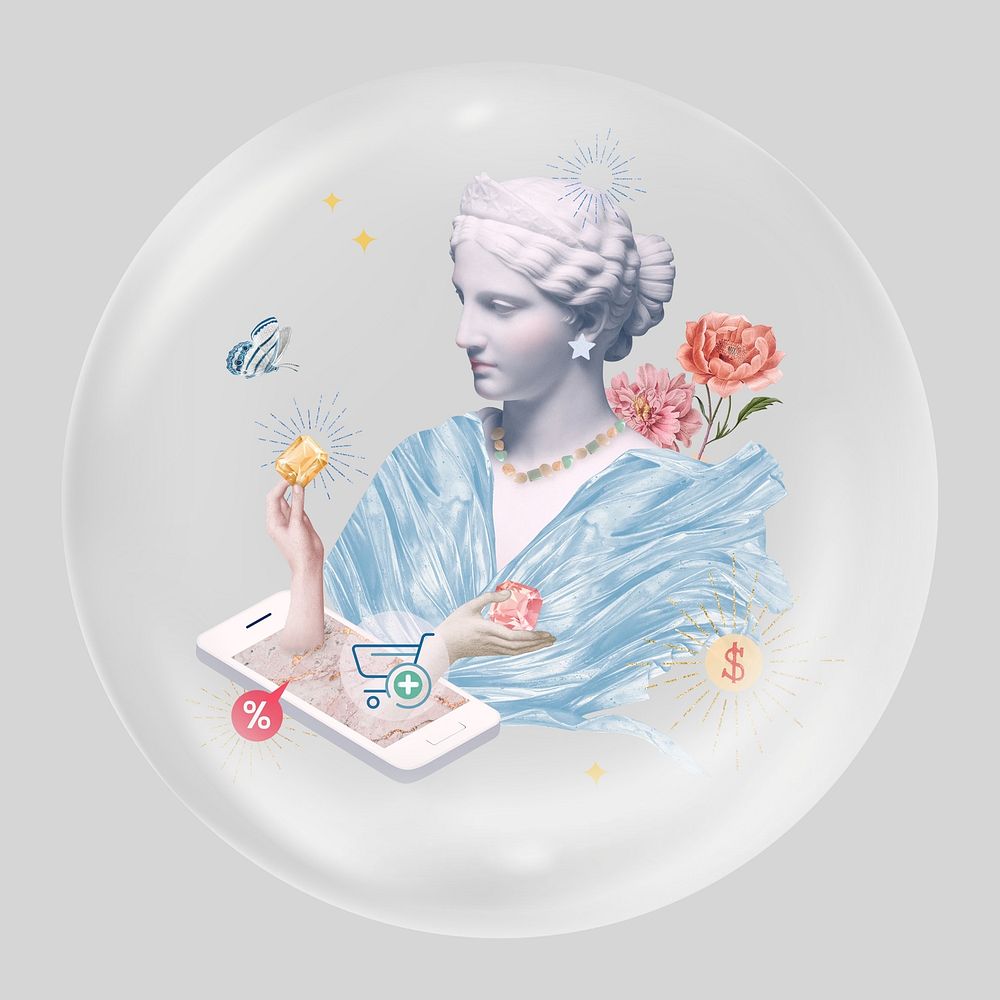 Online shopping in bubble, Greek sculpture remix