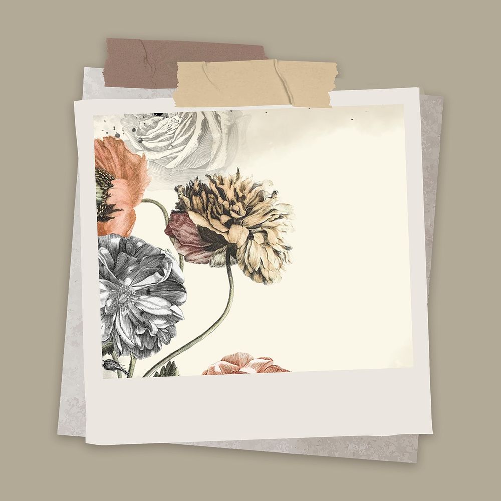 Instant film frame mockup, vintage flower psd.  Remixed by rawpixel.