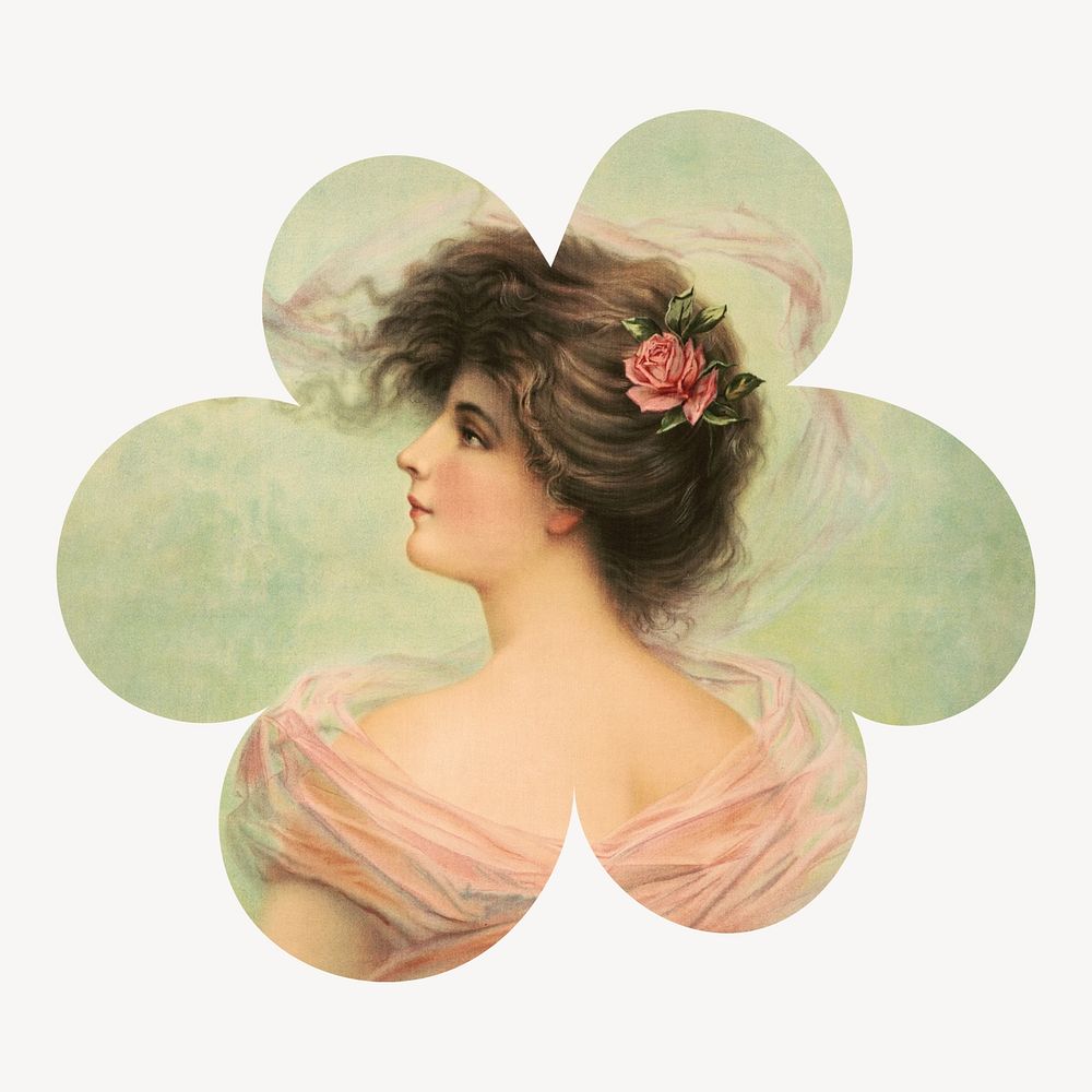 Rosebud vintage woman illustration, flower badge shape.  Remixed by rawpixel.