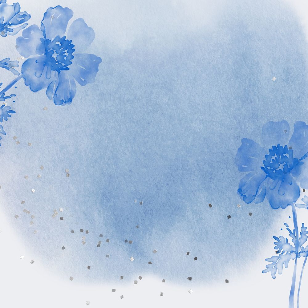 Blue watercolor flower background, botanical border