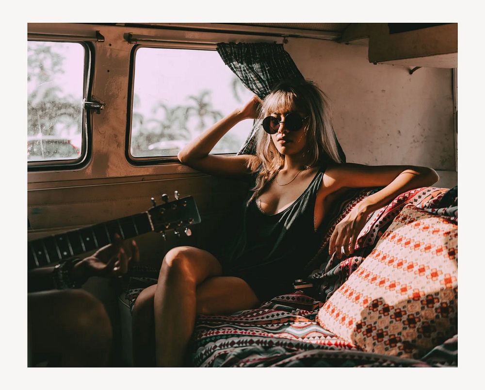 Cool woman sitting  in a van design
