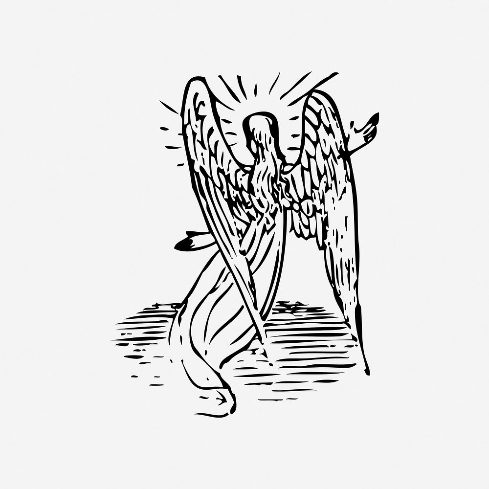 Female angel from behind illustration. Free public domain CC0 image.