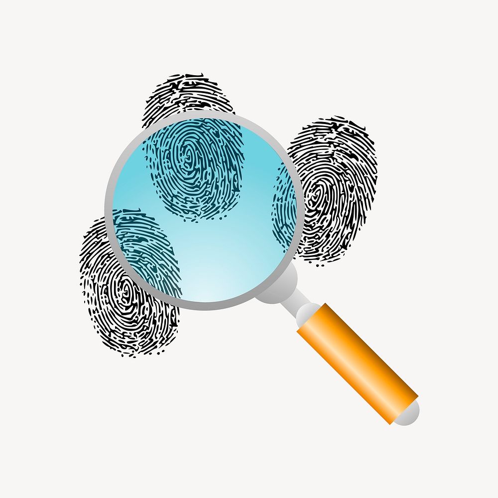 Magnifying glass and finger prints clipart vector. Free public domain CC0 image.