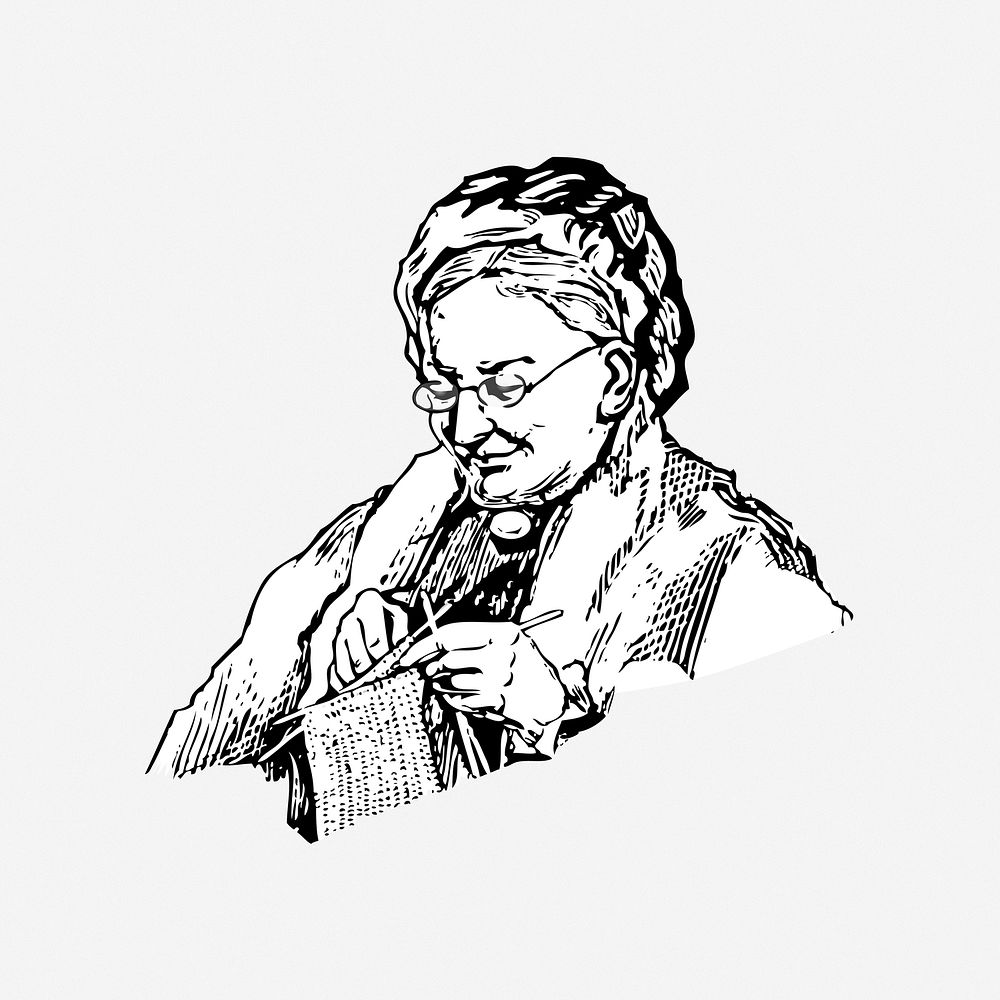 Grandma knitting illustration vector. Free public domain CC0 image.