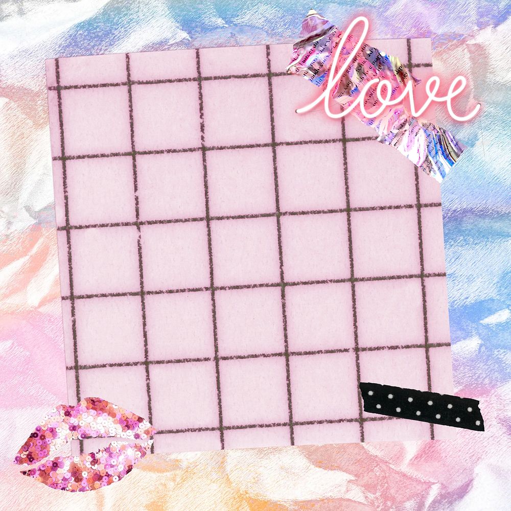 Pink grid pattern background, holographic wrinkled paper frame