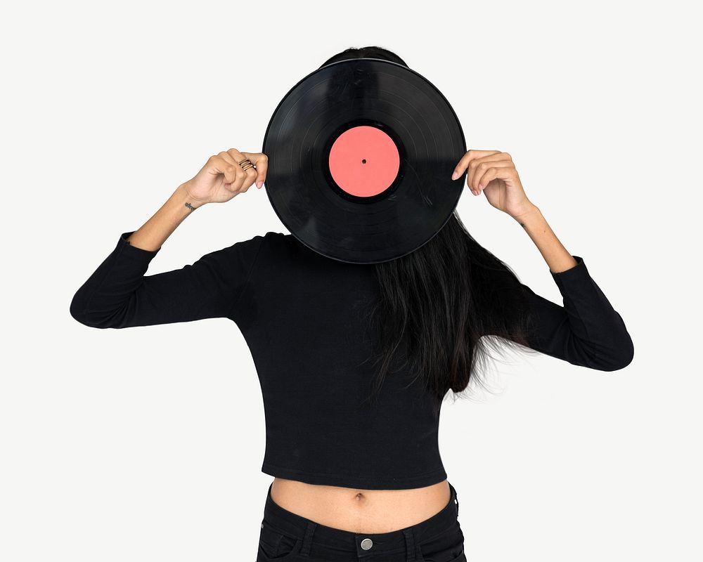 Woman holding vinyl record isolated graphic psd