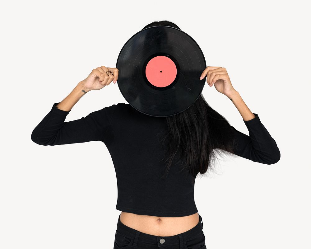 Woman holding vinyl record isolated image on white