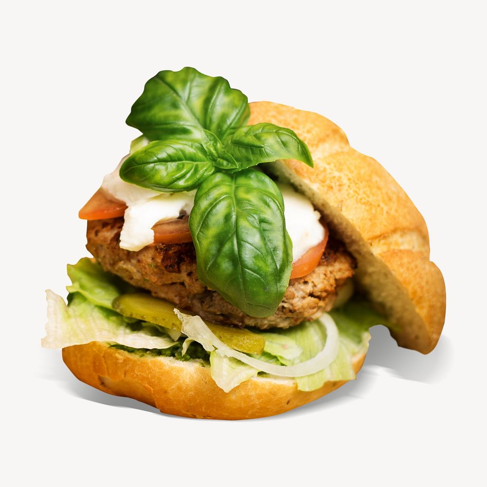 Burger image, food photo on white