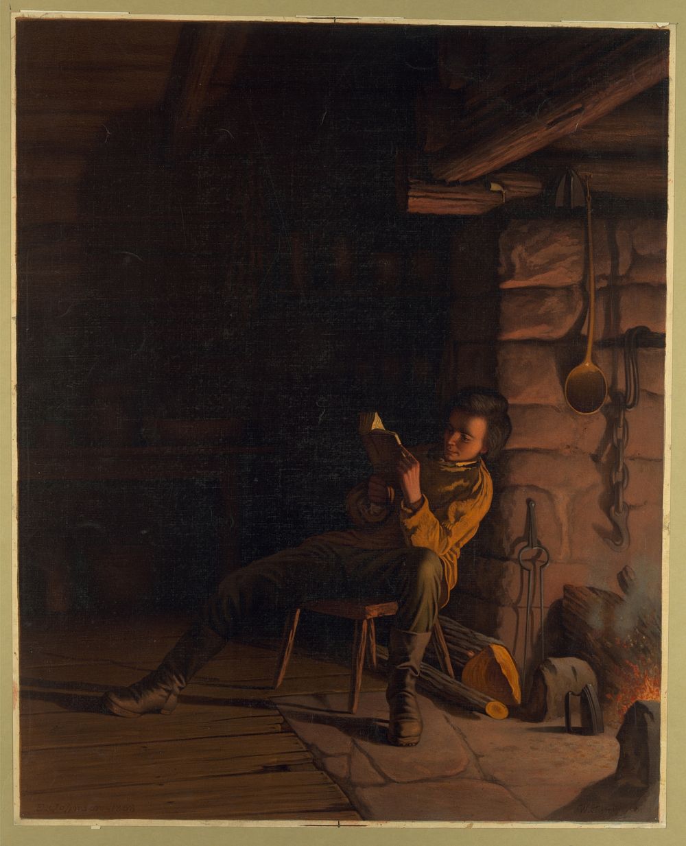 The boyhood of Lincoln--An evening in the log hut  E. Johnson; W. Harring. (1868) by L. Prang & Co.