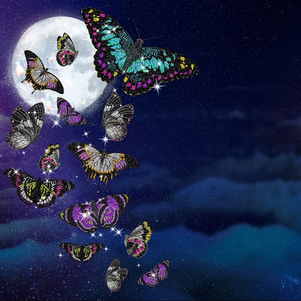 Dreamy butterflies background, full moon surreal design