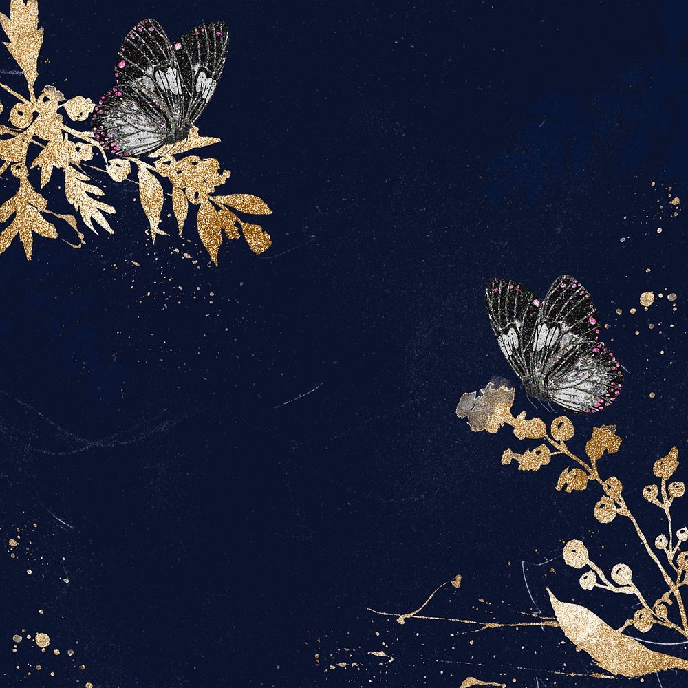 Blue aesthetic butterfly background, gold glittery design