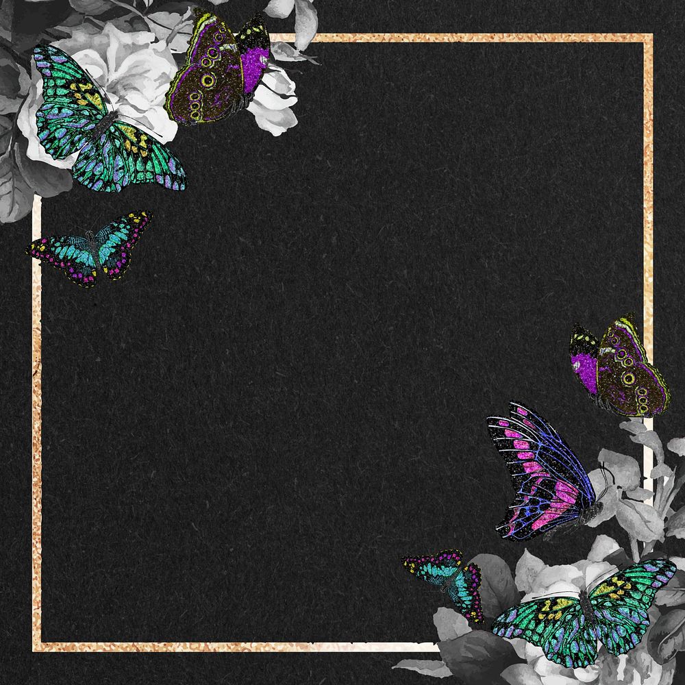 Gold butterfly frame background, black textured design, remixed from the artwork of E.A. S&eacute;guy.