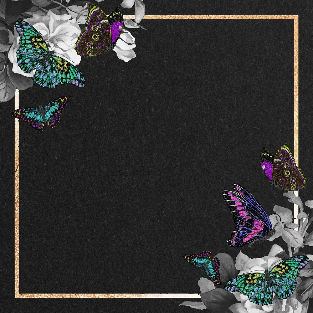 Gold butterfly frame background, black textured design, remixed from the artwork of E.A. Séguy.