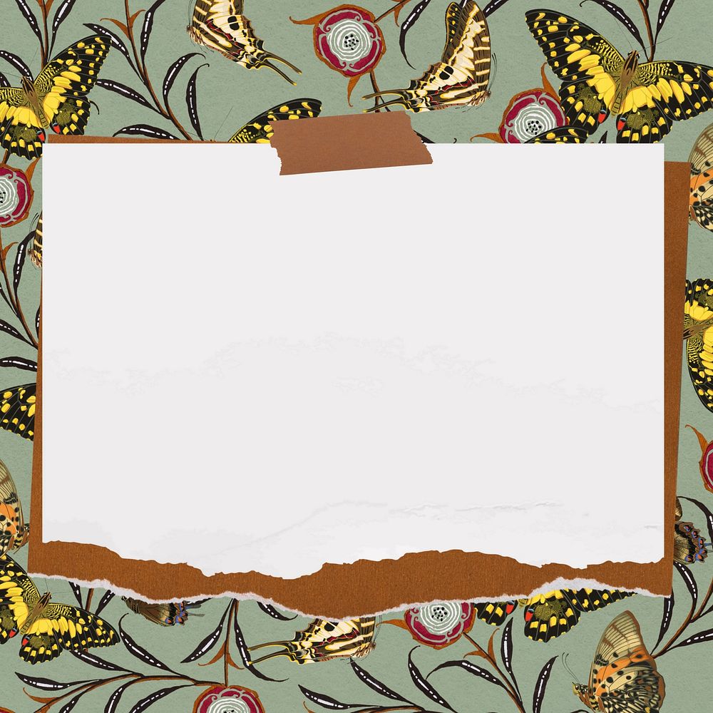 Ripped note paper background, E.A. S&eacute;guy's butterfly pattern, remixed by rawpixel.