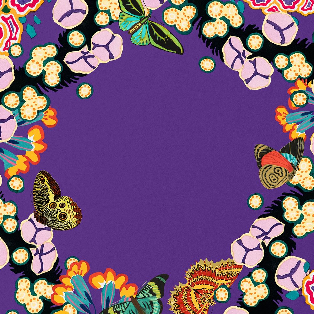 Butterfly flower frame background, purple design, remixed from the artwork of E.A. S&eacute;guy.