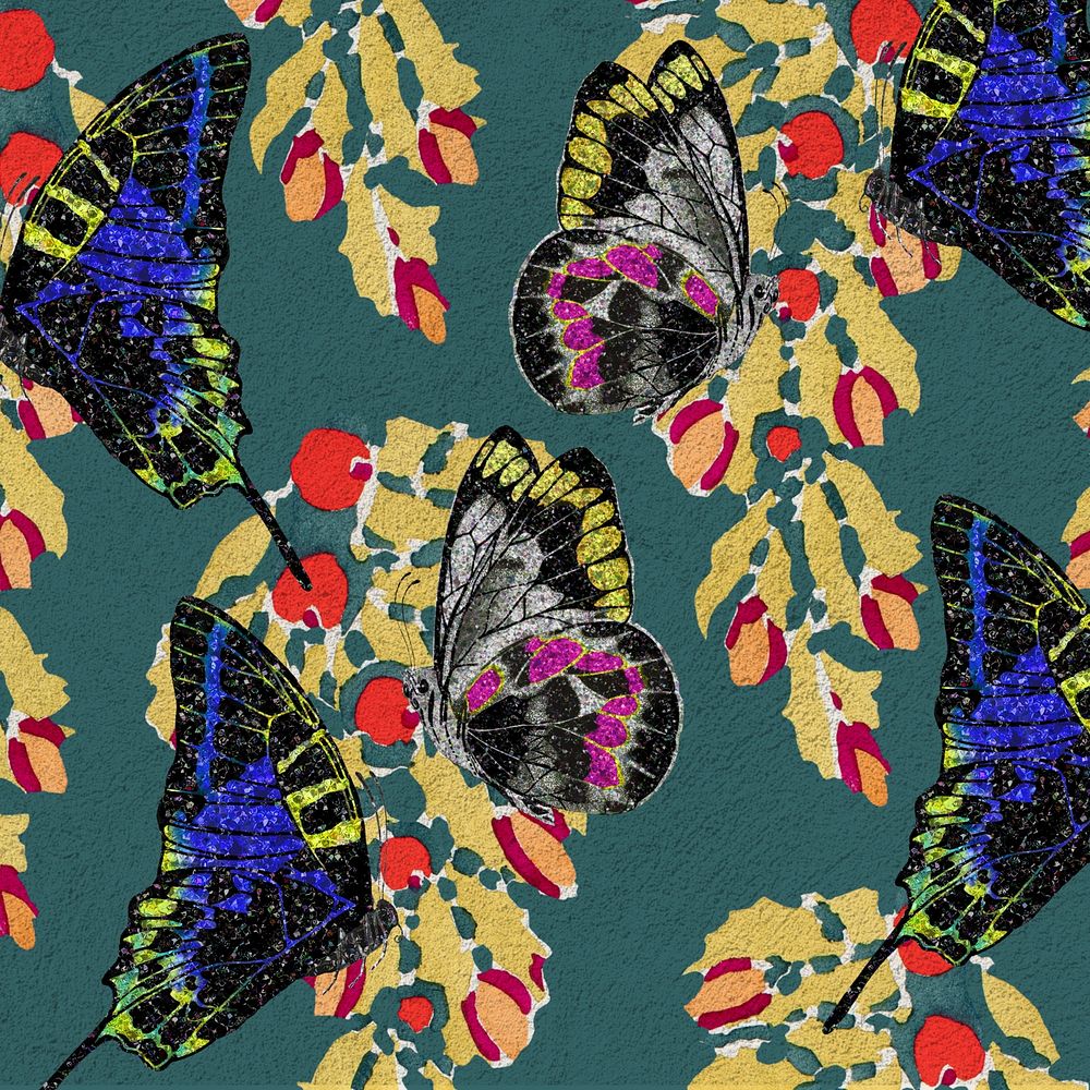 Vintage botanical butterfly background, green pattern, remixed from the artwork of E.A. S&eacute;guy.