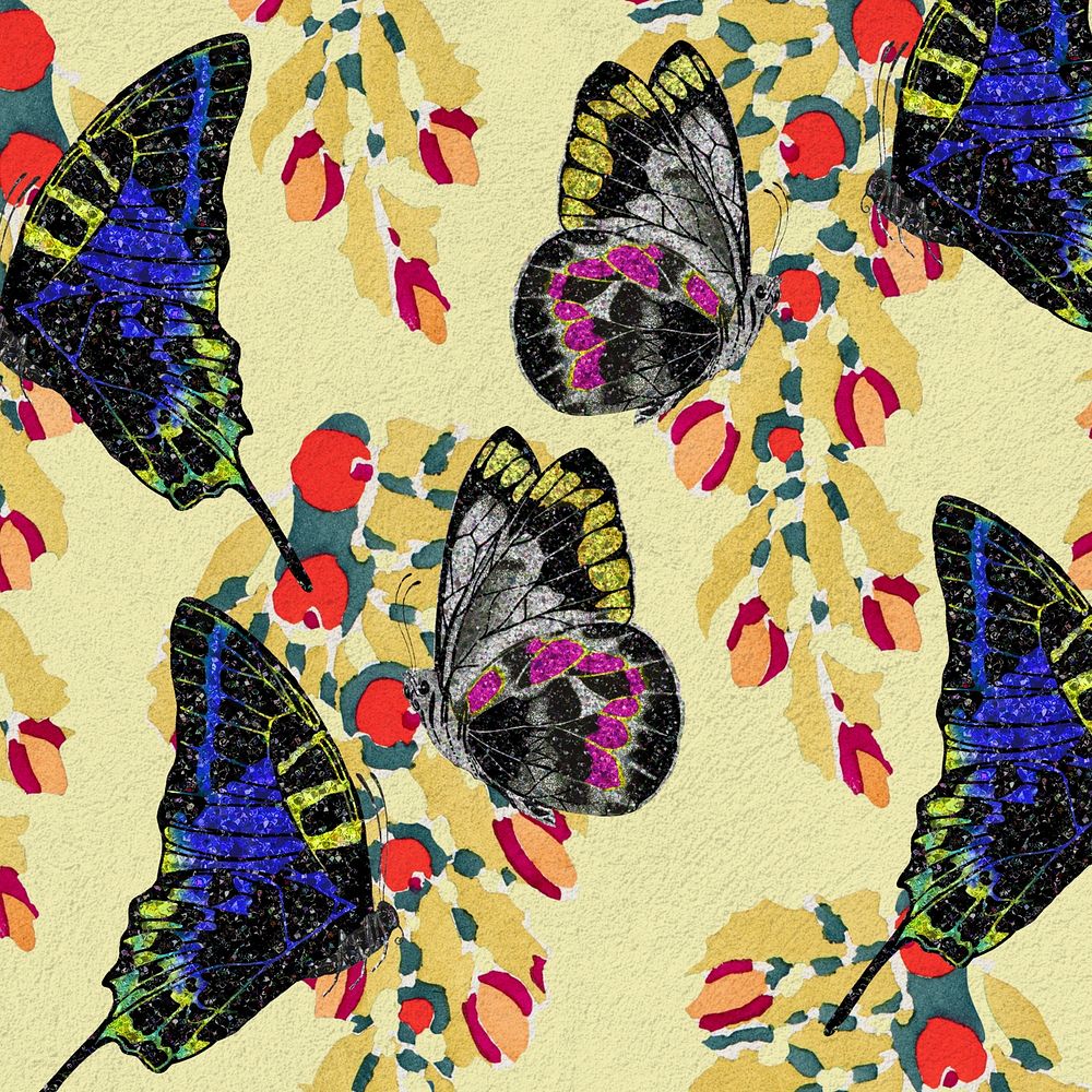 Vintage botanical butterfly background, yellow pattern, remixed from the artwork of E.A. Séguy.