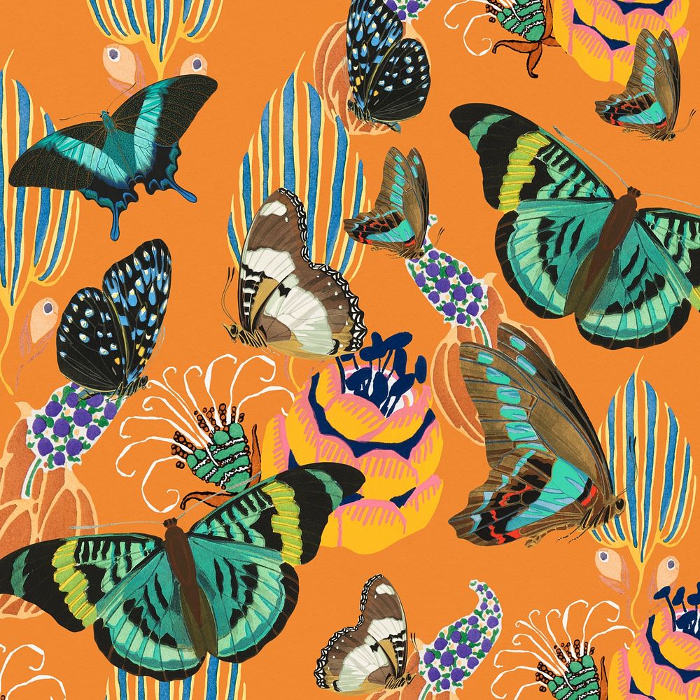 Exotic botanical butterfly background, orange pattern, remixed from the artwork of E.A. Séguy.