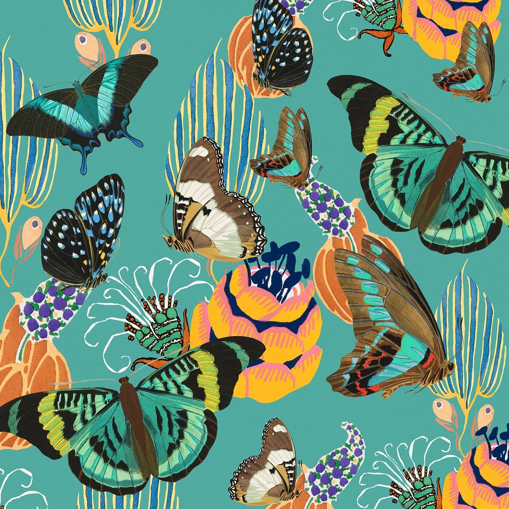 Exotic botanical butterfly background, green pattern, remixed from the artwork of E.A. S&eacute;guy.