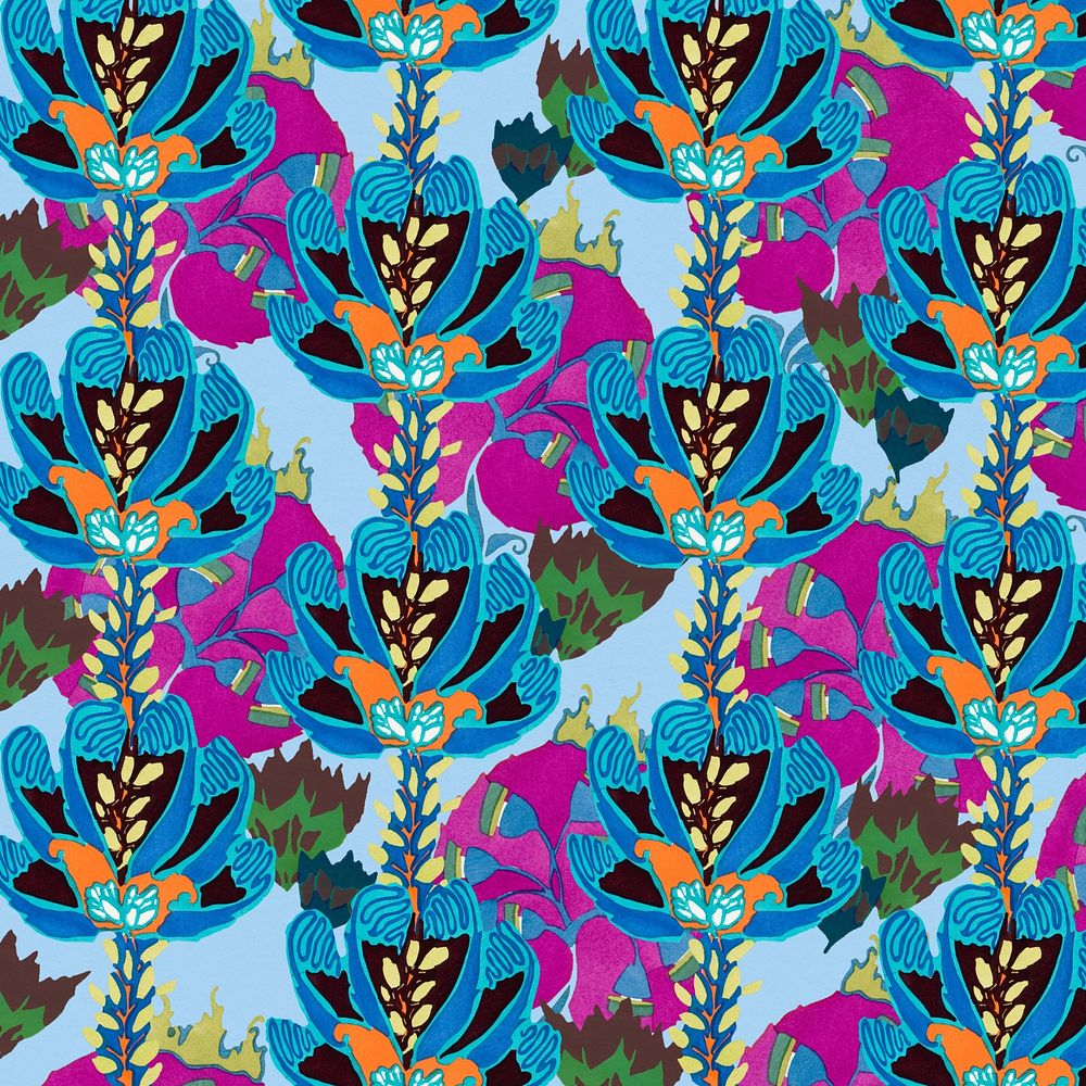 Blue flower patterned background, vintage flower illustration, remixed from the artwork of E.A. S&eacute;guy.