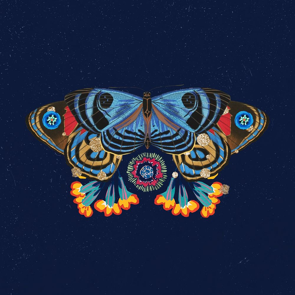 Blue floral butterfly, creative remix