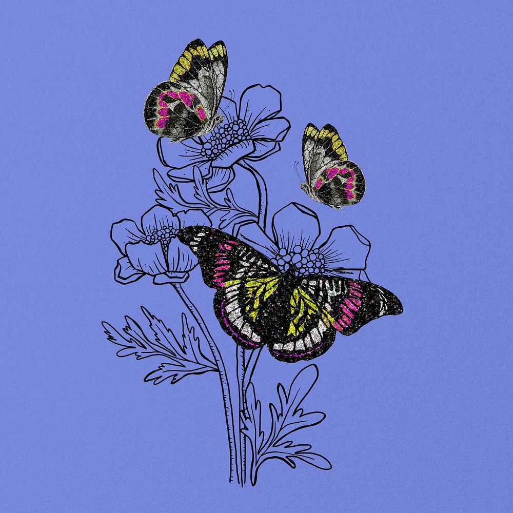Vintage butterfly, aesthetic flower illustration