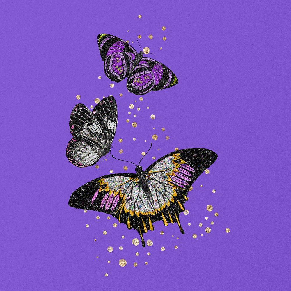 Sparkly flying butterflies, aesthetic graphic