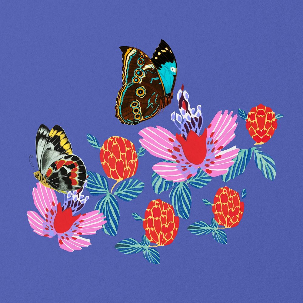Art deco butterfly, vintage flower illustration