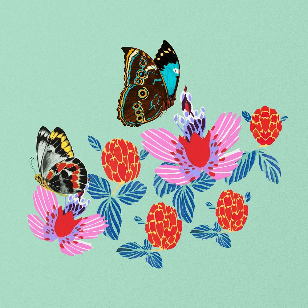 Art deco butterfly, vintage flower illustration