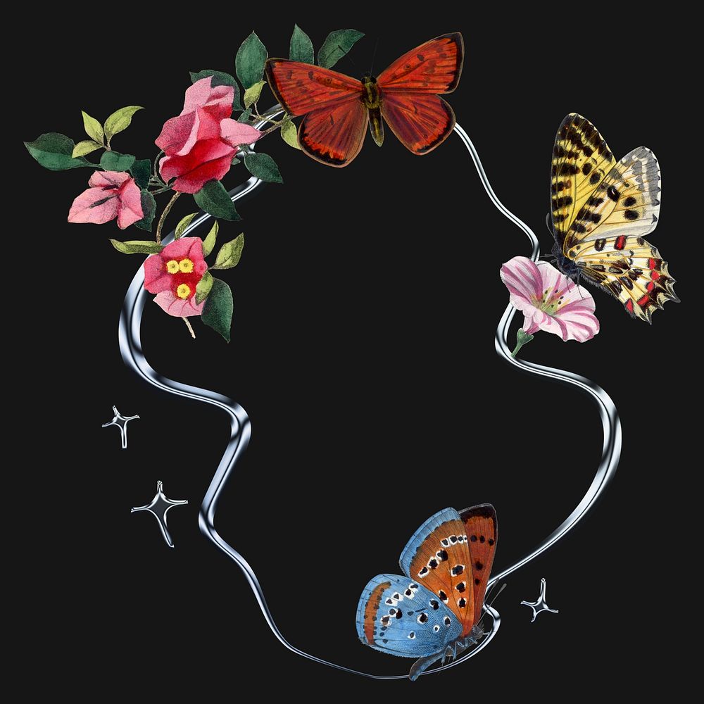 Colorful butterfly frame, botanical black design