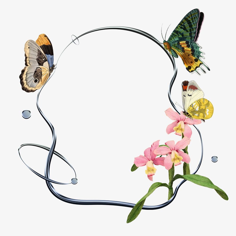 Flowers & butterflies frame, botanical white design