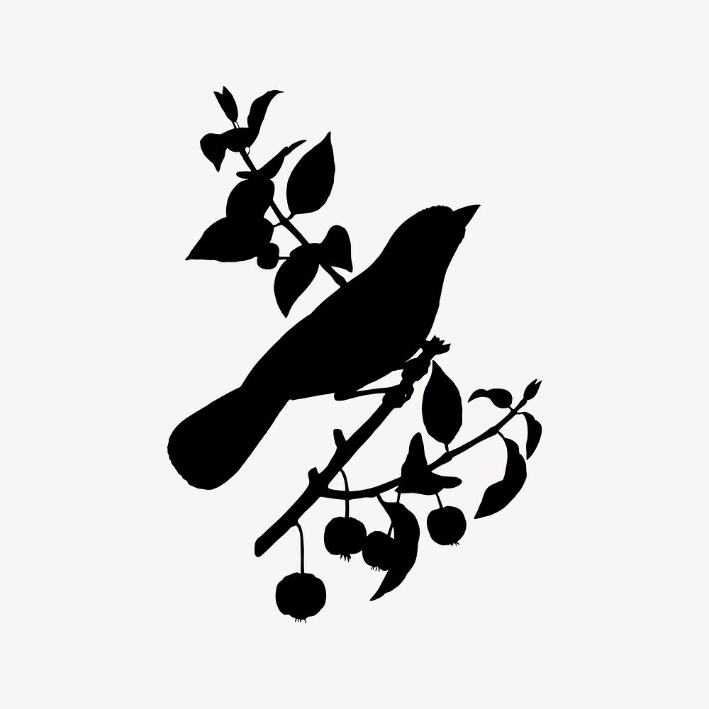 Bird on branch collage element, silhouette illustration vector
