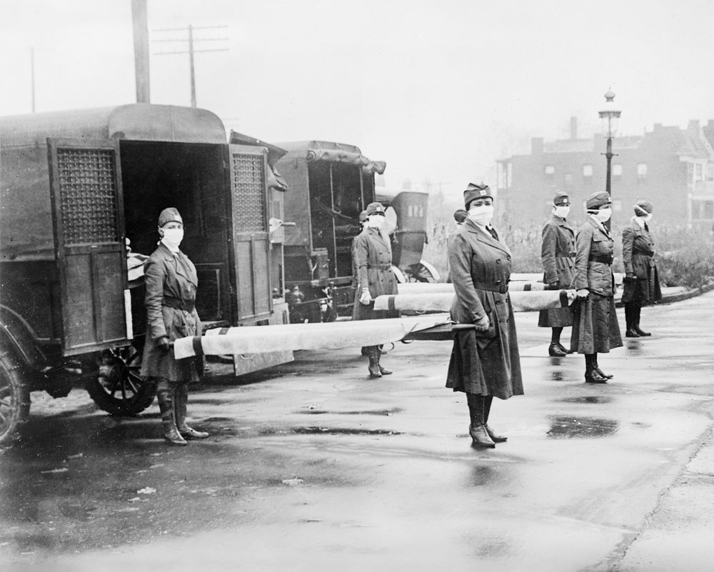St. Louis Red Cross Motor Corps on duty during influenza epidemic (1918) vintage photograph. Original public domain image…