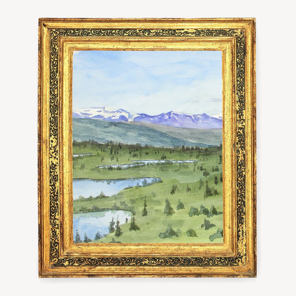 Gold picture frame, vintage design with Landscape study from Norway painting. Remixed by rawpixel.