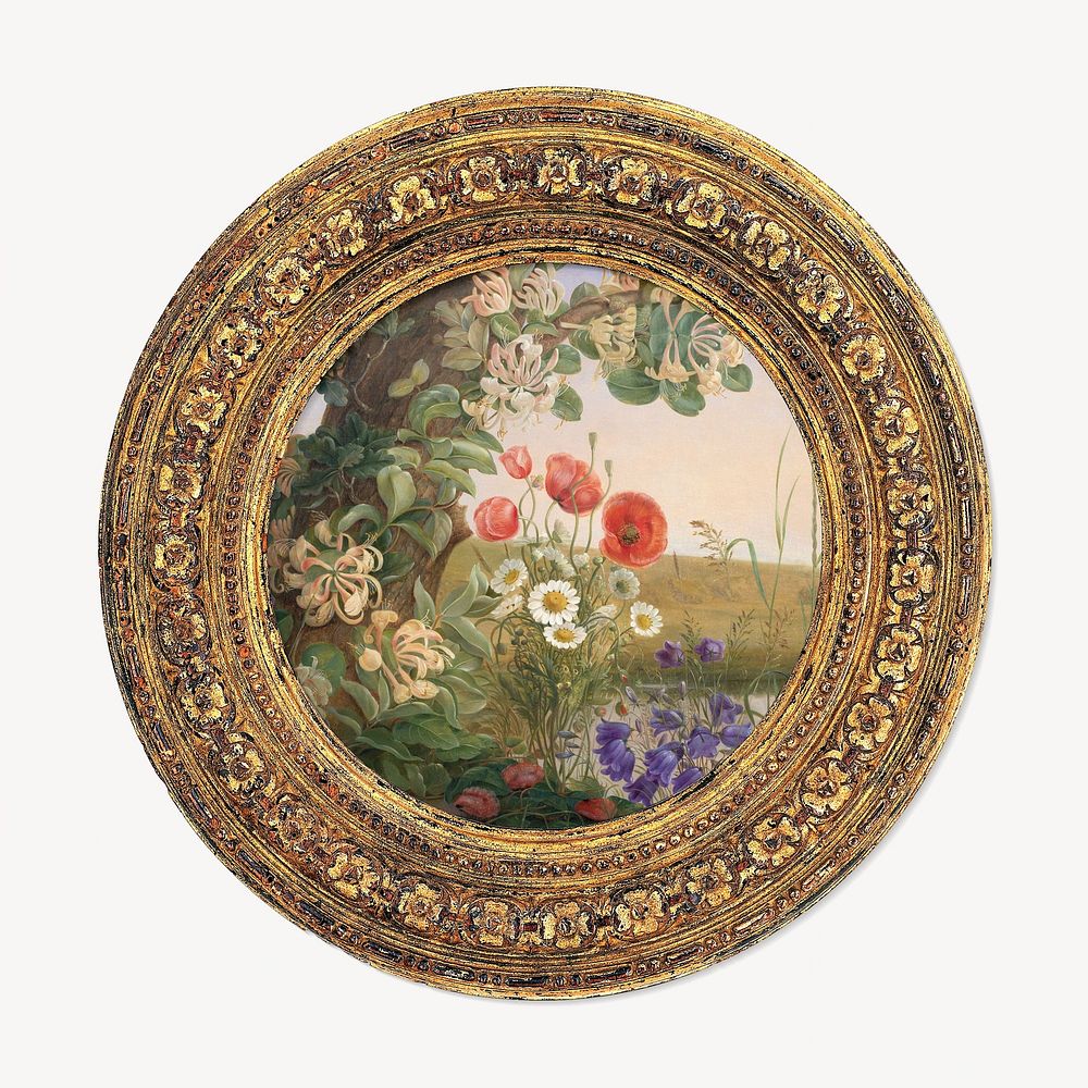Round picture frame, gold vintage design with Christine L&oslash;vmand's painting. Remixed by rawpixel.